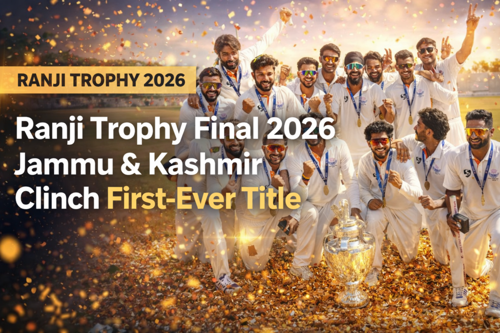 Jammu and Kashmir players celebrating after winning Ranji Trophy Final 2026 with their first-ever title.