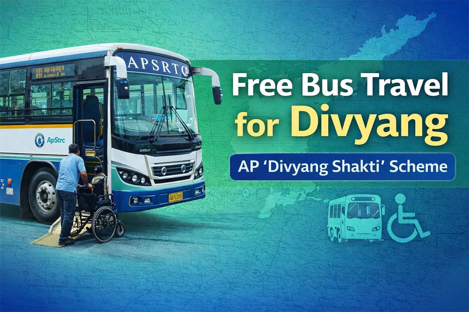 APSRTC bus with a person using a wheelchair boarding under Andhra Pradesh Divyang Shakti free bus travel scheme for persons with disabilities