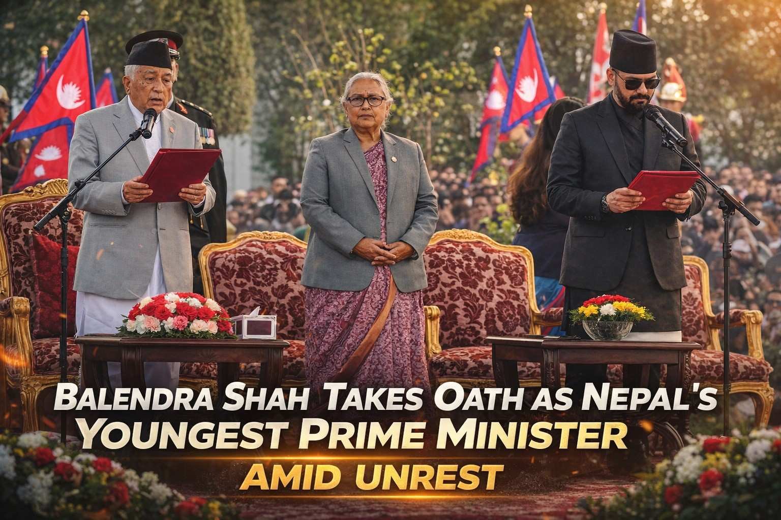 Balendra Shah taking oath as Nepal’s youngest Prime Minister during a formal swearing-in ceremony with national flags in the background.