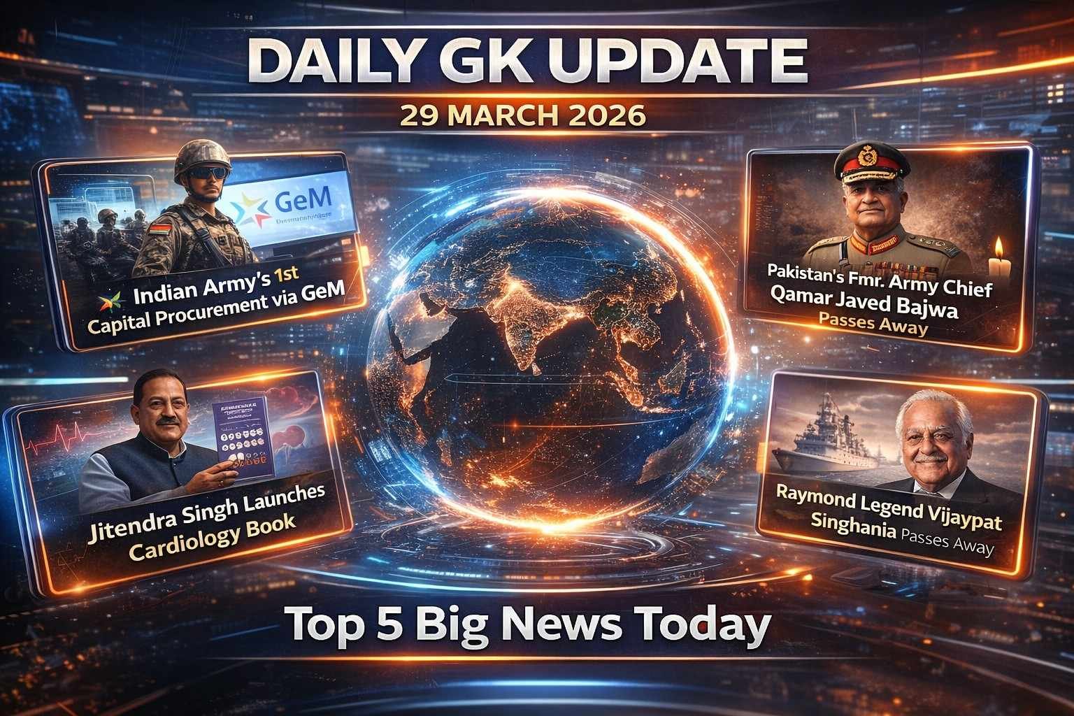Daily GK Update 29 March 2026 showing top current affairs including Indian Army GeM deal, Jitendra Singh CVD book launch, Bajwa death, IONS exercise, and Vijaypat Singhania