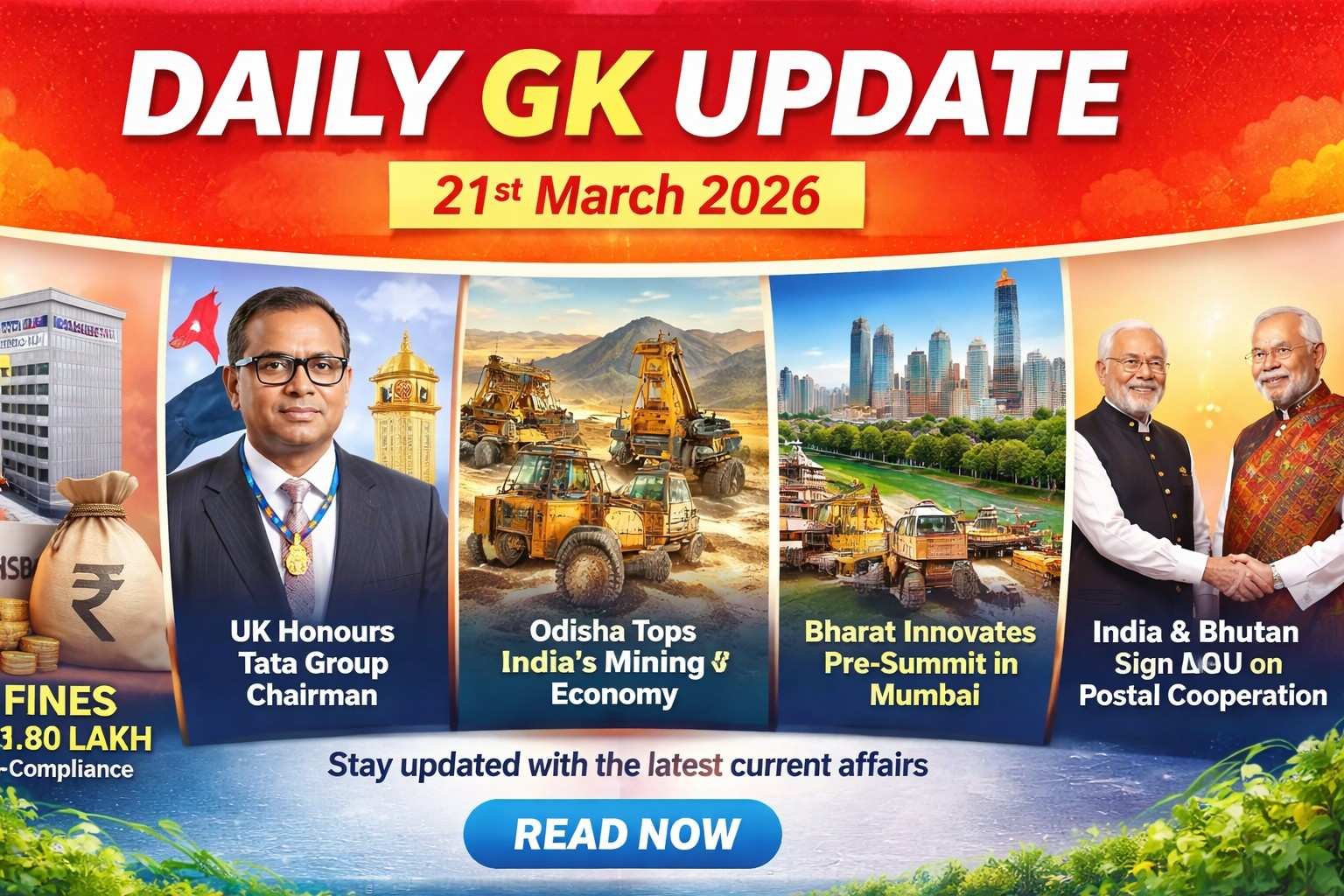 Daily GK Update 21 March 2026 featuring RBI fine on HSBC, Tata Group chairman knighthood, Odisha mining growth, Bharat Innovates summit, and India Bhutan MoU