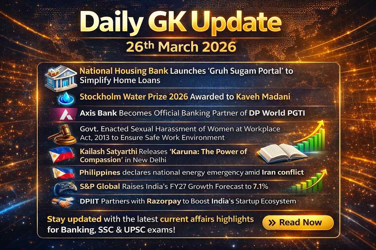 Daily GK Update 26 March 2026 thumbnail featuring world map, banking, economy, law, and international news icons in a blue and gold futuristic design.