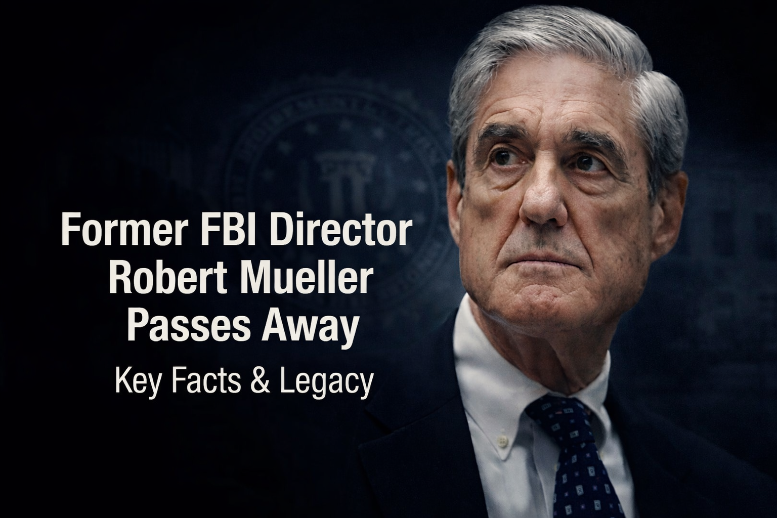 Former FBI Director Robert Mueller portrait with headline about his passing and legacy
