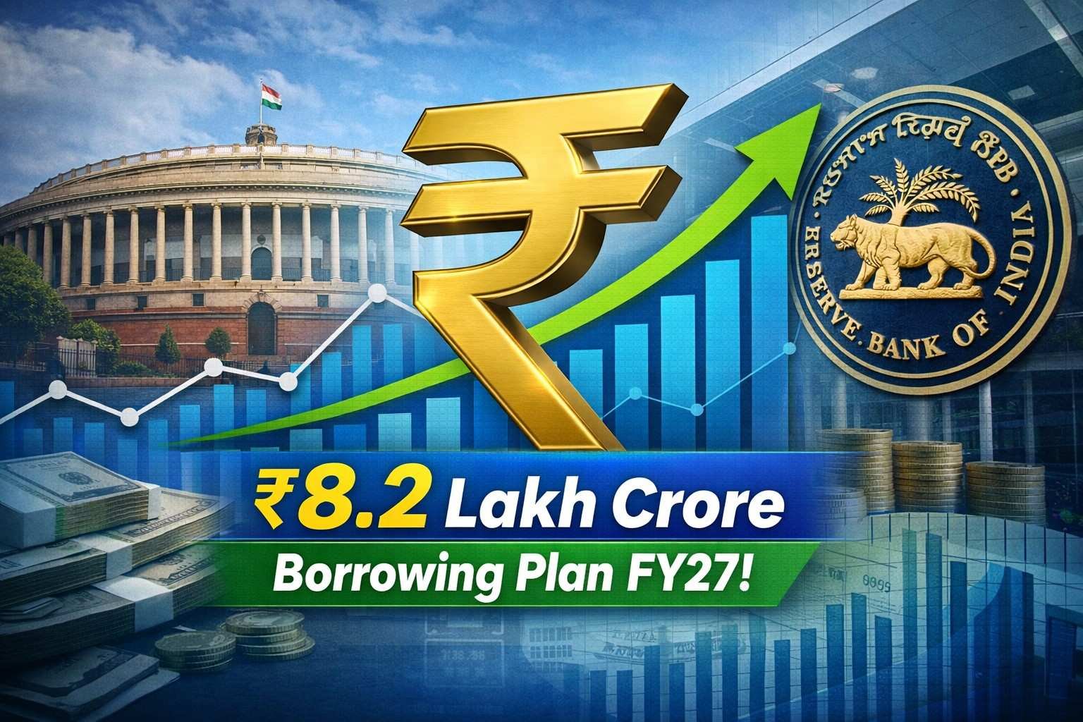 India government borrowing ₹8.2 lakh crore in FY27 with Parliament, RBI and financial growth chart illustration