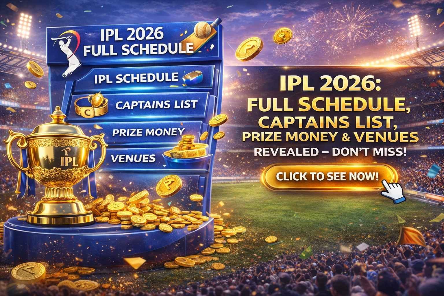 IPL 2026 full schedule, captains list, prize money and venues thumbnail with trophy and stadium background