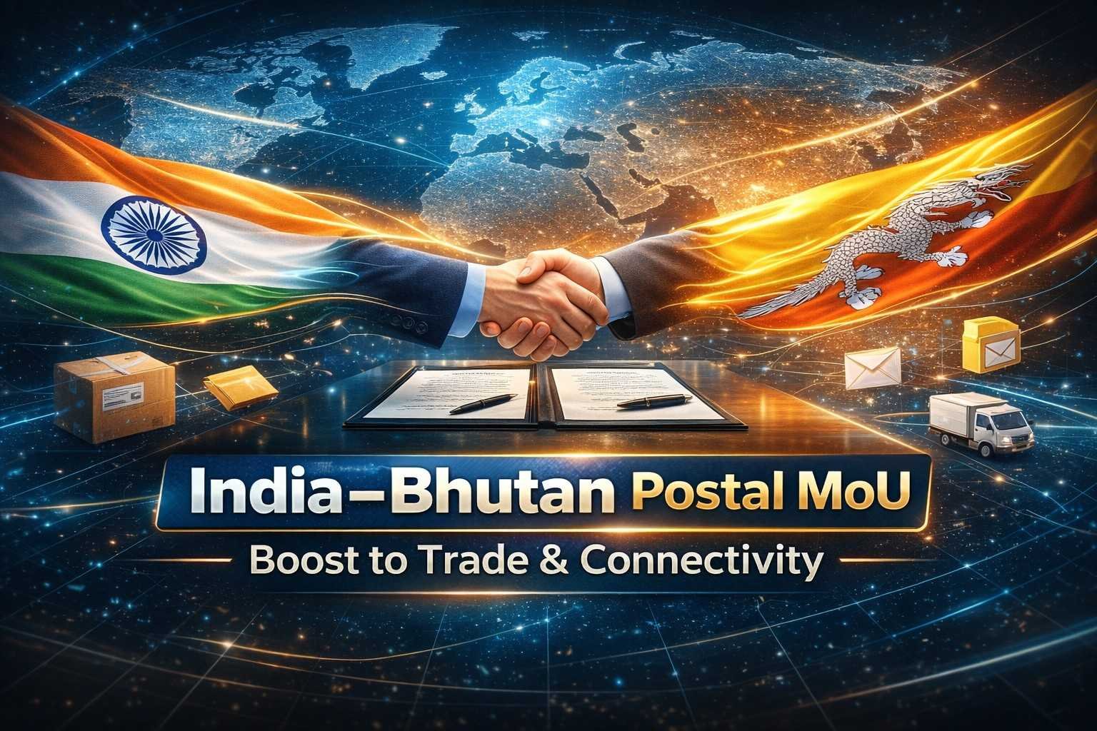 India and Bhutan sign postal cooperation MoU with handshake, flags, and digital connectivity elements