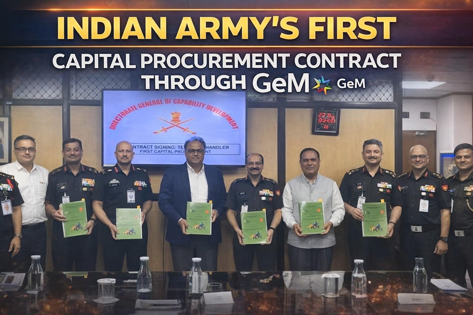 Indian Army officials sign first capital procurement contract through GeM portal with JCB India representatives.