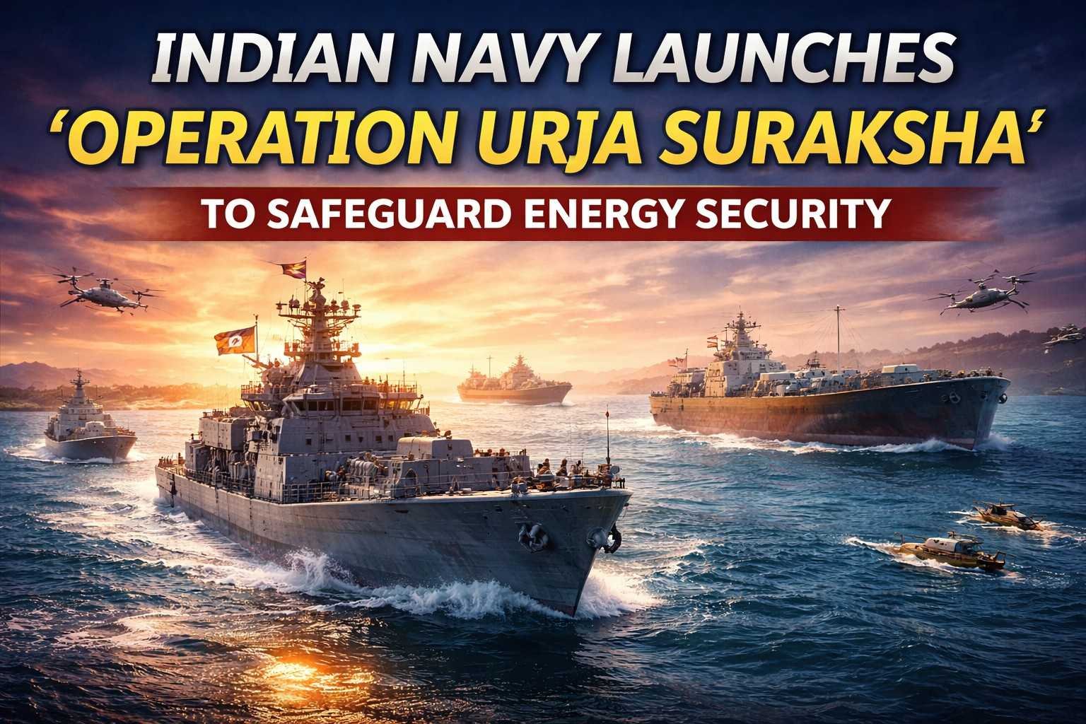 Indian Navy warships escorting energy cargo vessels during Operation Urja Suraksha in strategic sea routes.