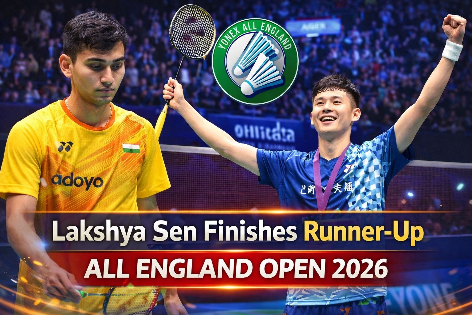India’s badminton star Lakshya Sen finished runner-up at the All England Open 2026