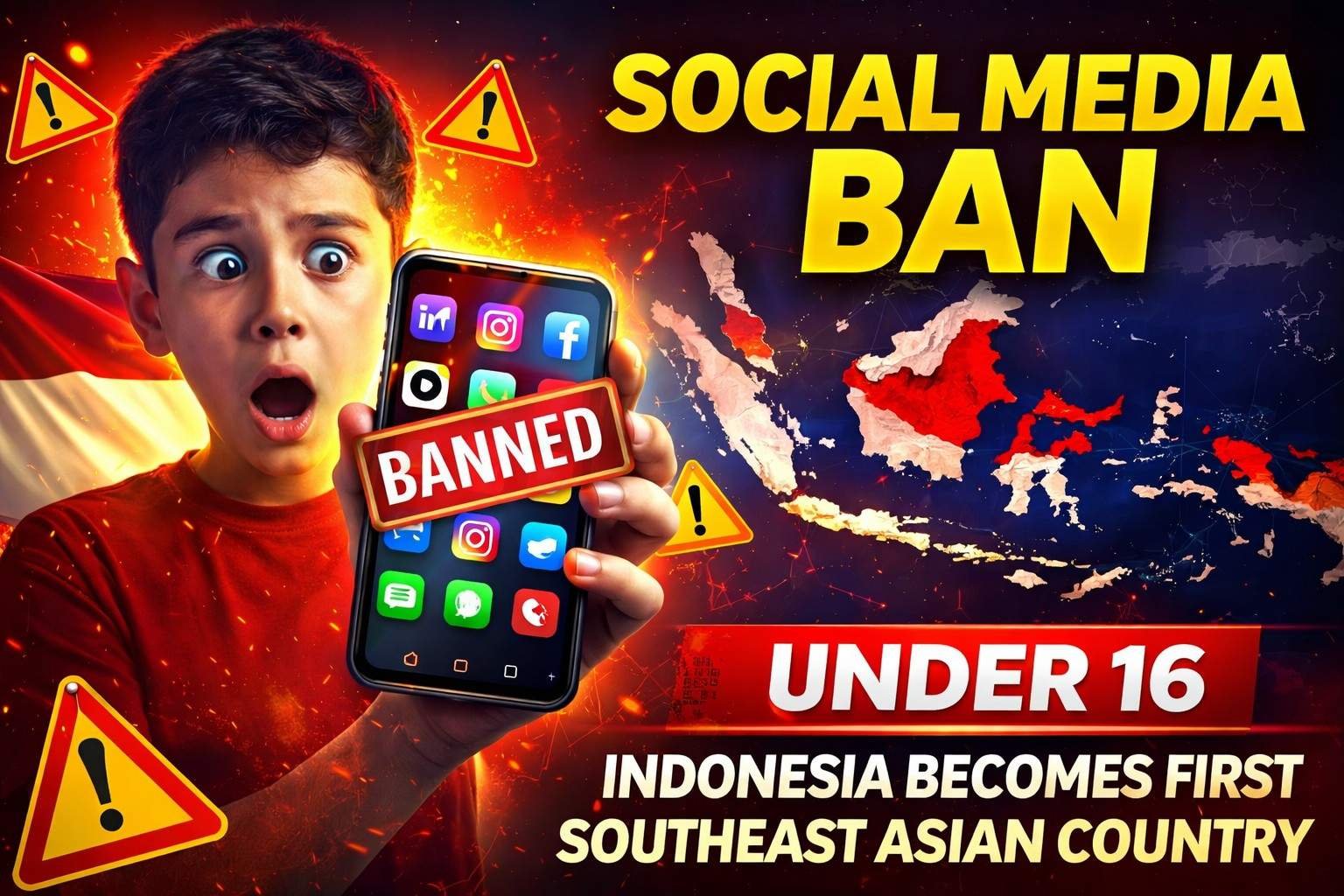 Indonesia bans social media for children under 16 with smartphone showing banned sign and Indonesia map in background