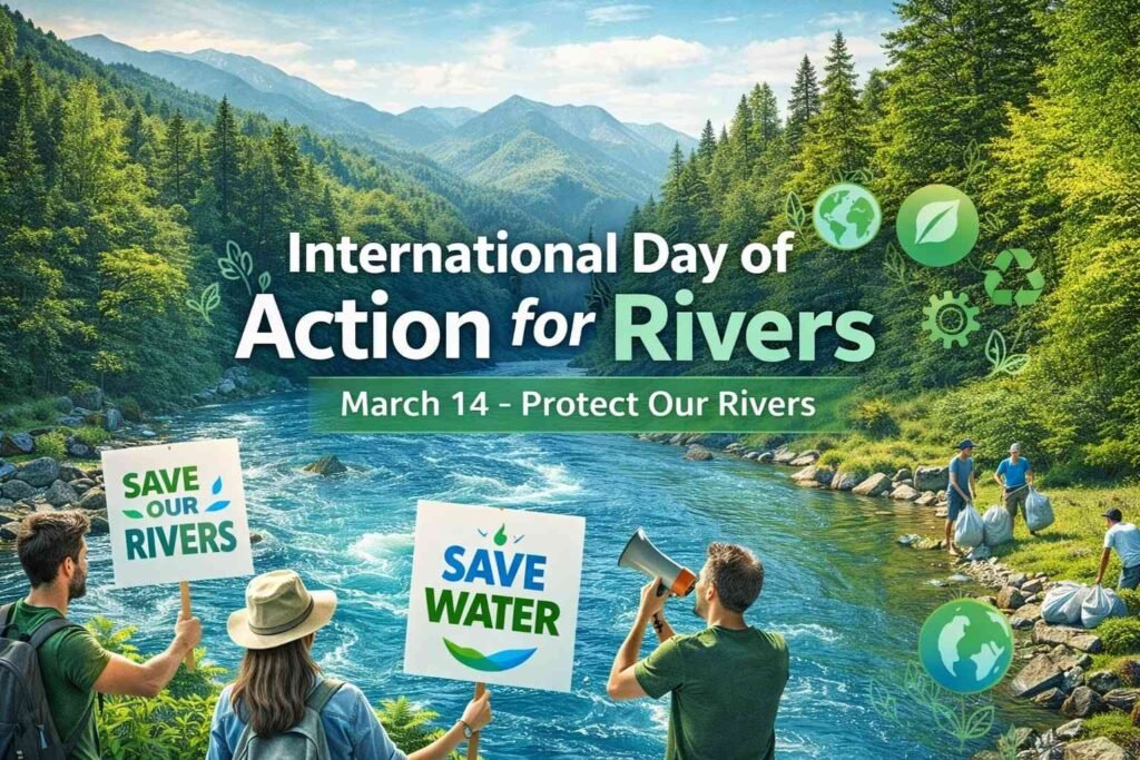 International Day of Action for Rivers awareness graphic highlighting global river conservation efforts on March 14.