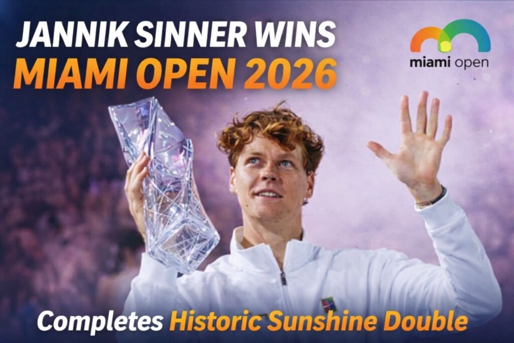 Jannik Sinner holding Miami Open 2026 trophy after winning title and completing Sunshine Double