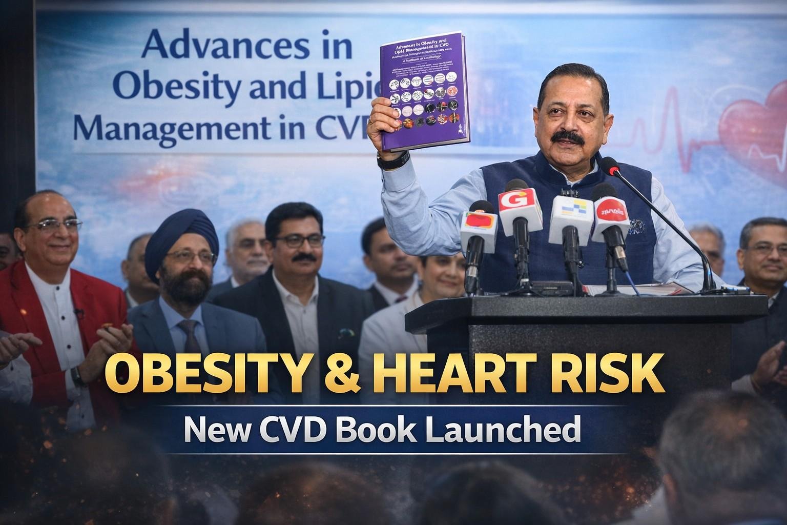 Union Minister Jitendra Singh launching the book “Advances in Obesity and Lipid Management in CVD” at a medical event with experts and doctors