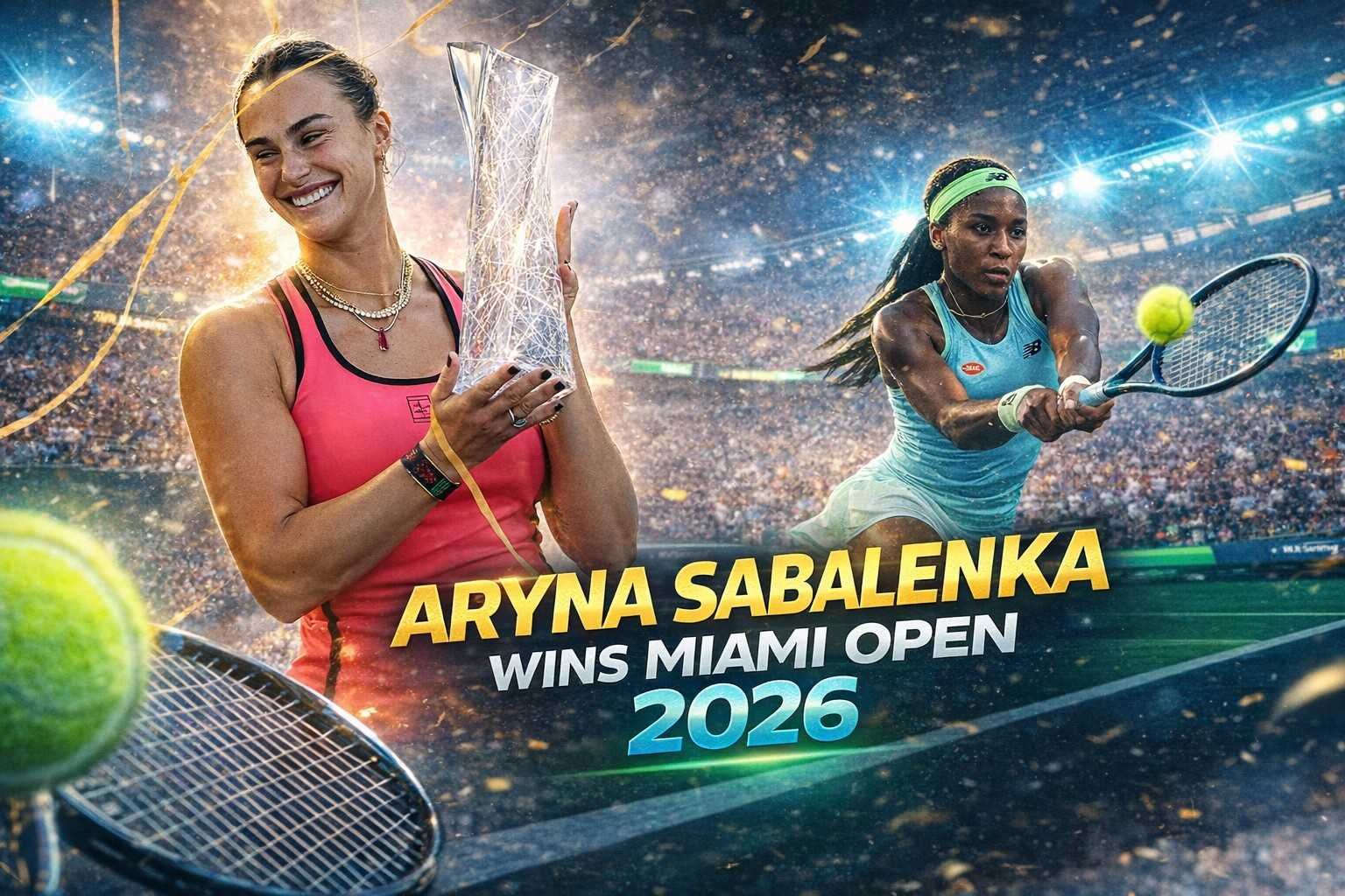 Aryna Sabalenka wins Miami Open 2026 title holding trophy after defeating Coco Gauff in the final