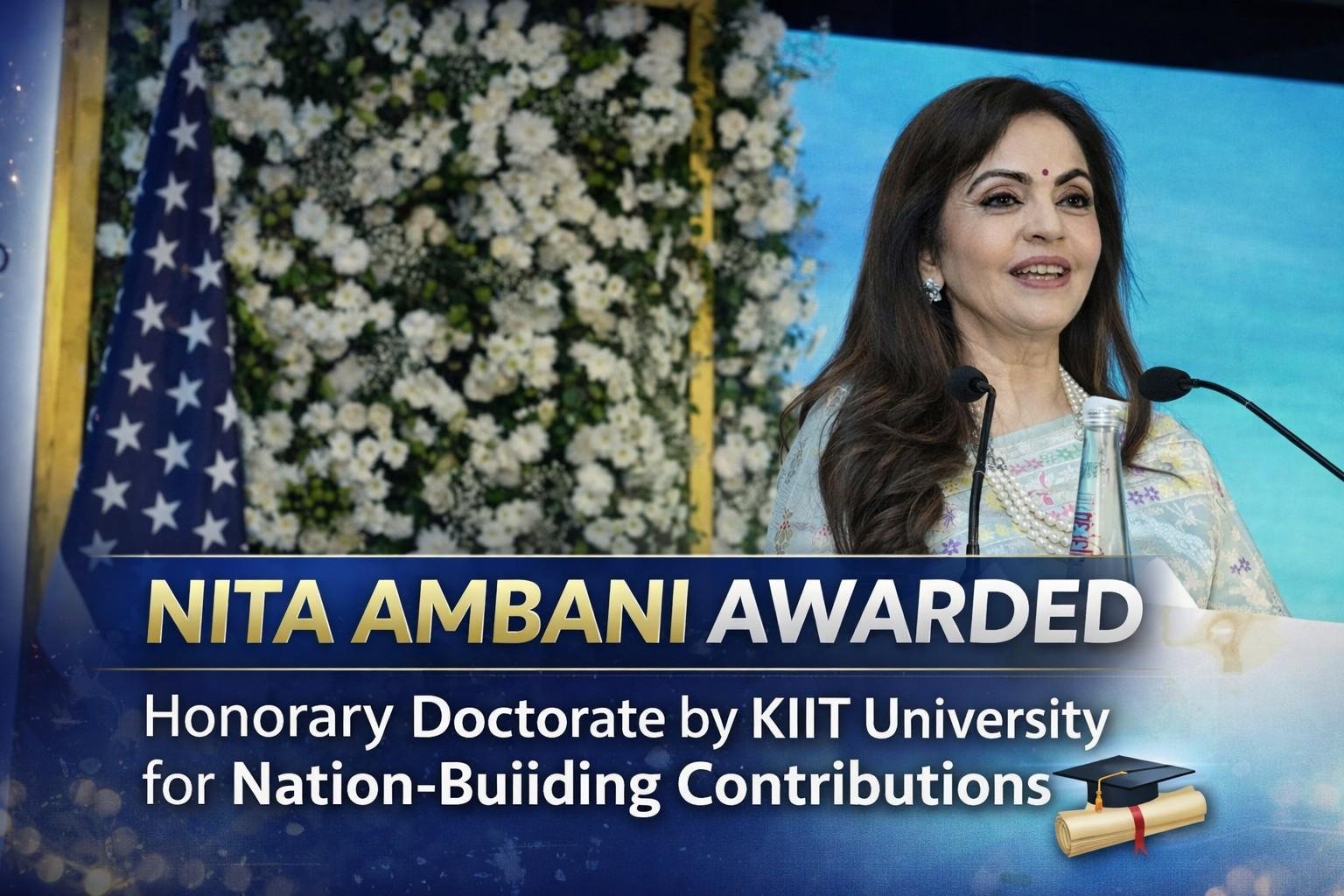 Nita M. Ambani, Founder and Chairperson of Reliance Foundation, speaking at an event highlighting her contributions to education, healthcare, and social development in India