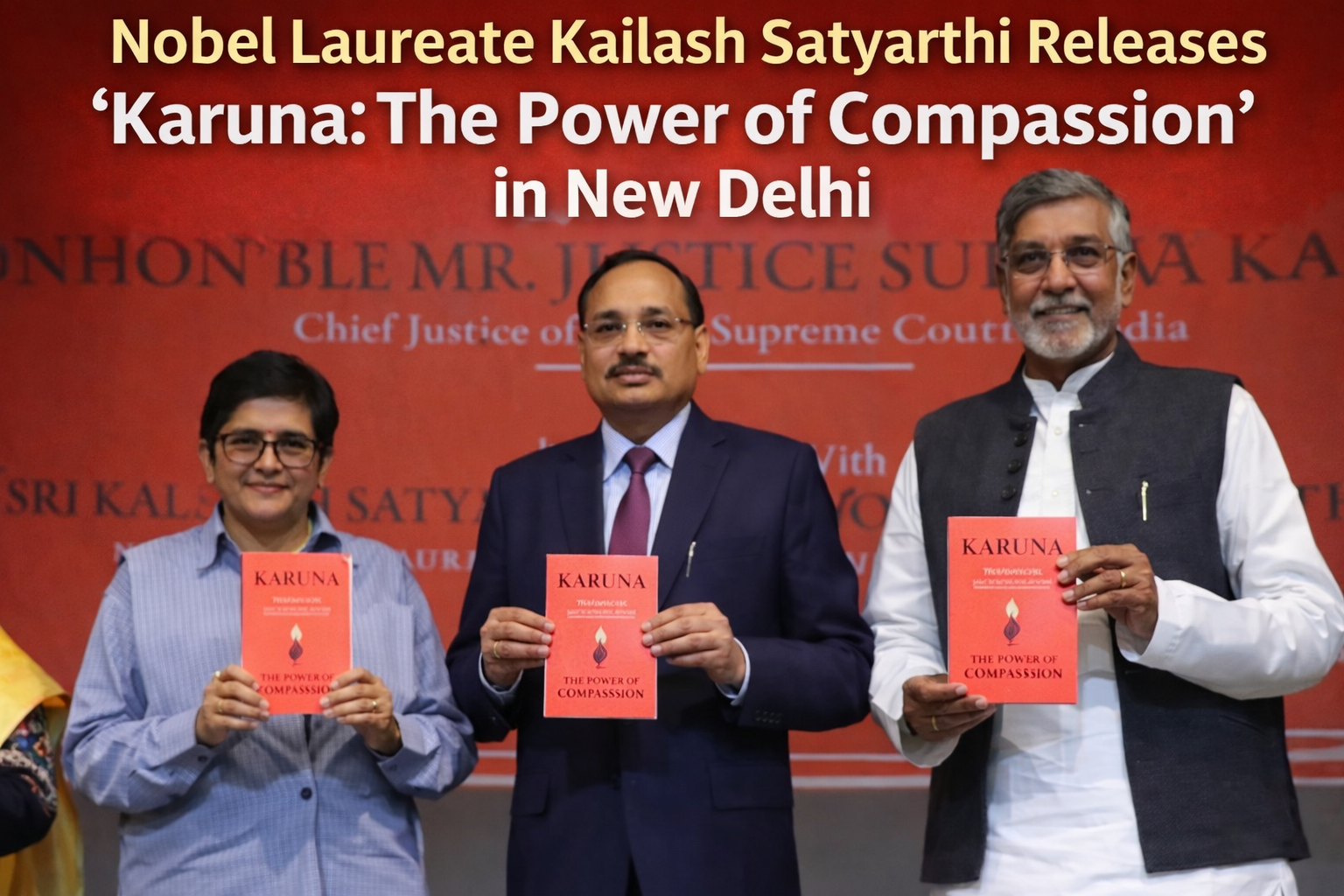 Kailash Satyarthi releases Karuna The Power of Compassion book in New Delhi with dignitaries holding copies at launch event