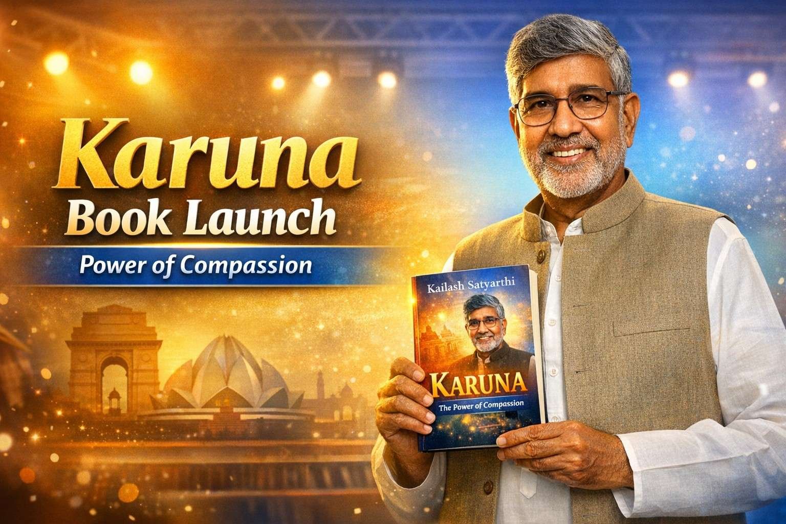 Kailash Satyarthi holding Karuna The Power of Compassion book at launch event in New Delhi