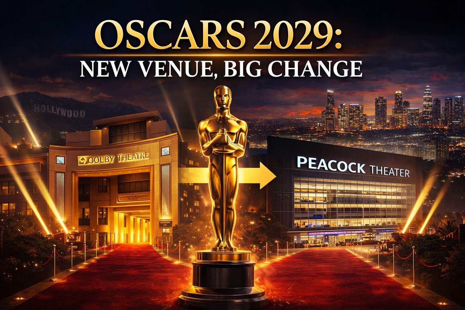 Golden Oscar statuette with split background of Dolby Theatre and Peacock Theater highlighting the Oscars 2029 venue change.