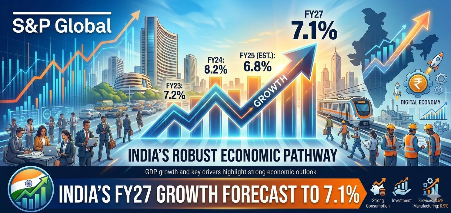 S&P Global raises India’s FY27 GDP growth forecast to 7.1 percent with rising chart and Indian flag background