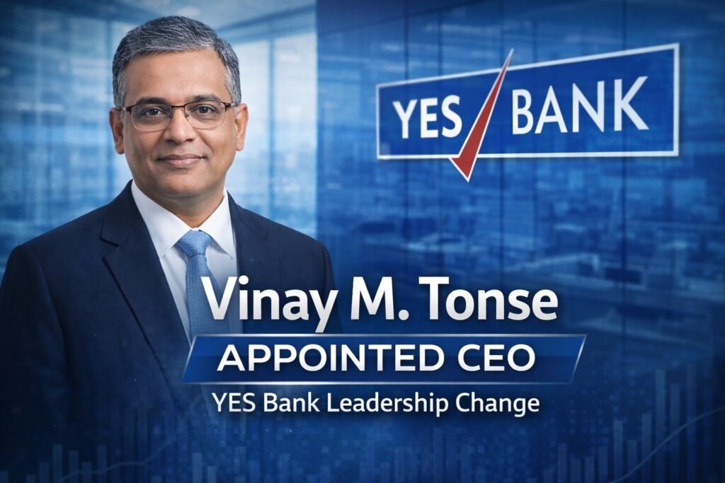 Vinay M. Tonse appointed as Managing Director and CEO of YES Bank with the YES Bank logo in the background.