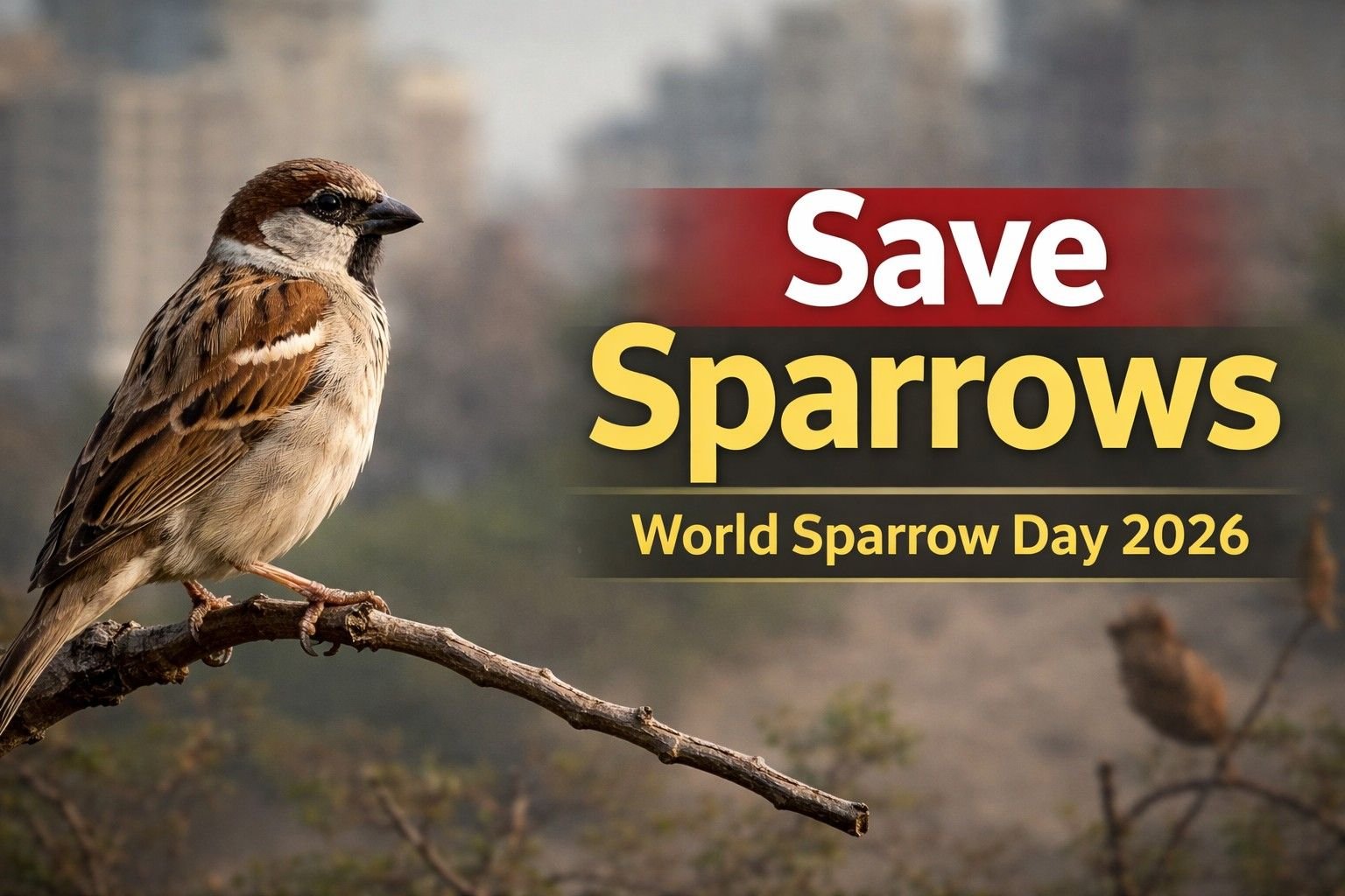 A high-quality news-style thumbnail featuring a house sparrow perched on a branch with a blurred urban background, symbolizing the decline of sparrow populations due to urbanization and environmental changes. The image represents World Sparrow Day 2026, which raises global awareness about sparrow conservation and the importance of protecting urban biodiversity.