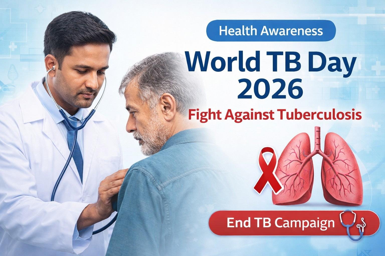 World Tuberculosis Day 2026 awareness showing doctor examining patient and lungs illustration with red ribbon