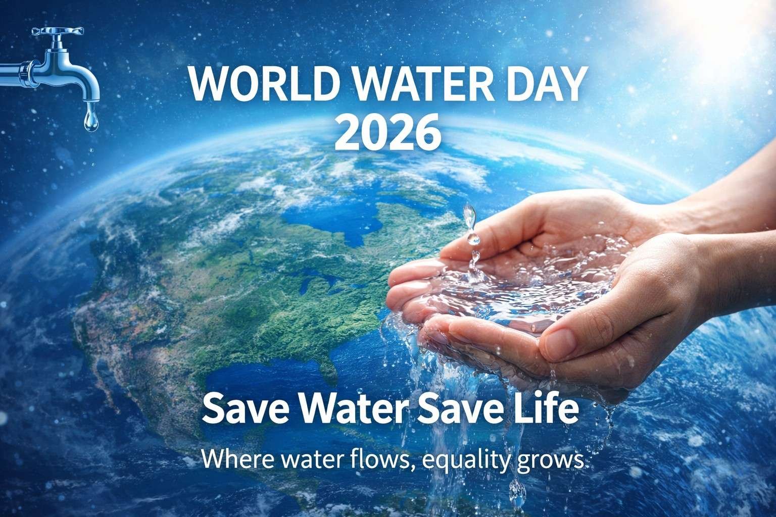 World Water Day 2026 awareness image showing hands holding water with Earth background and conservation message
