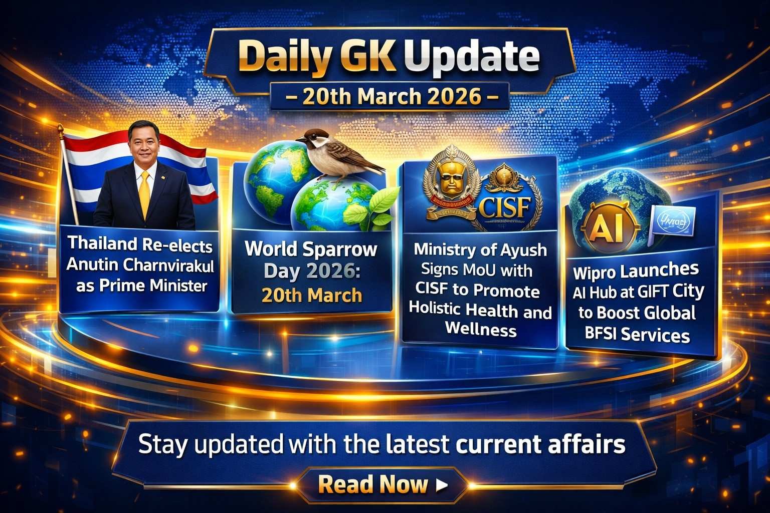 Daily GK Update 20th March 2026 3D news thumbnail featuring global current affairs highlights including Thailand PM re-election, World Sparrow Day, Ayush-CISF MoU, Wipro AI Hub, and India hosting 2028 athletics event