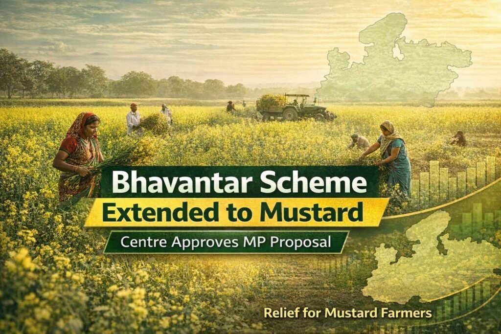 Mustard farmers working in yellow mustard fields in Madhya Pradesh after Centre approves extension of Bhavantar scheme.