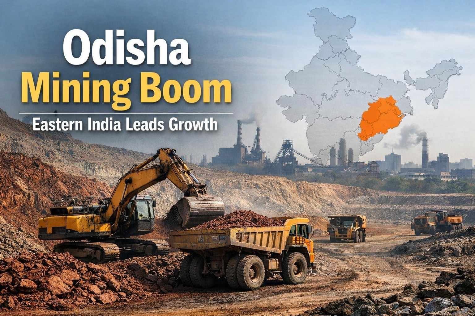 Open-pit iron ore mining site in Odisha with excavators and dump trucks highlighting eastern India’s mining growth