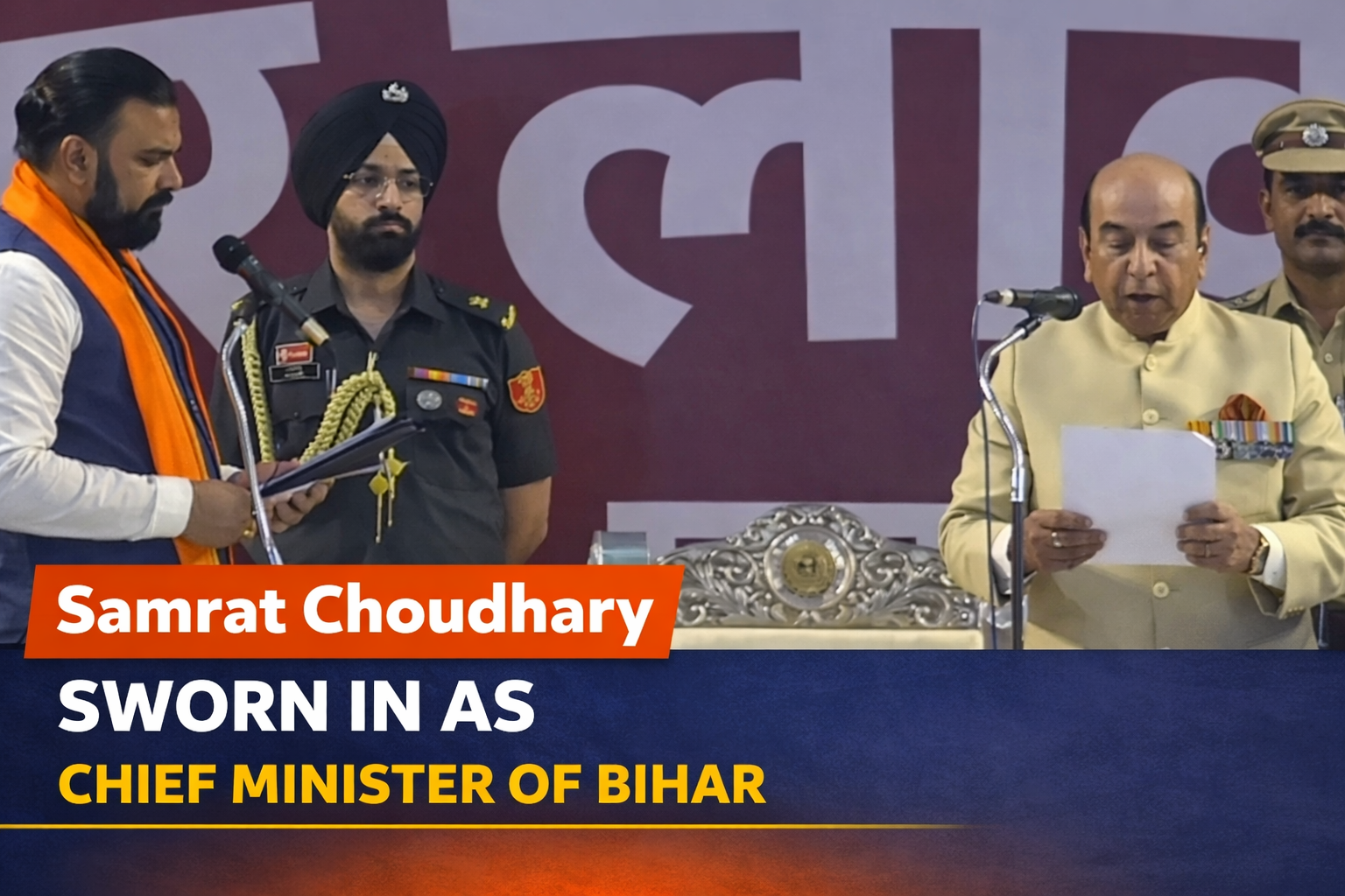 Samrat Choudhary taking oath as Chief Minister of Bihar during swearing-in ceremony with officials and security personnel on stage
