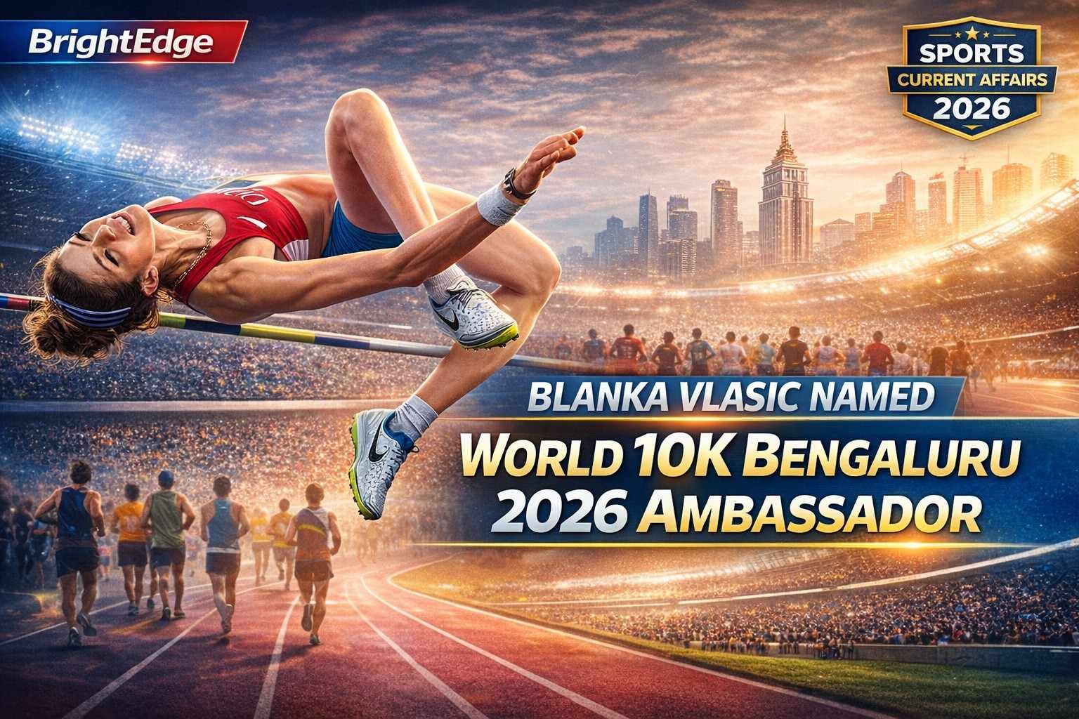 Sports banner showing Blanka Vlasic performing a high jump in a stadium, with marathon runners and Bengaluru skyline in the background, announcing her as World 10K Bengaluru 2026 Ambassador.Blanka Vlasic World 10K Bengaluru 2026