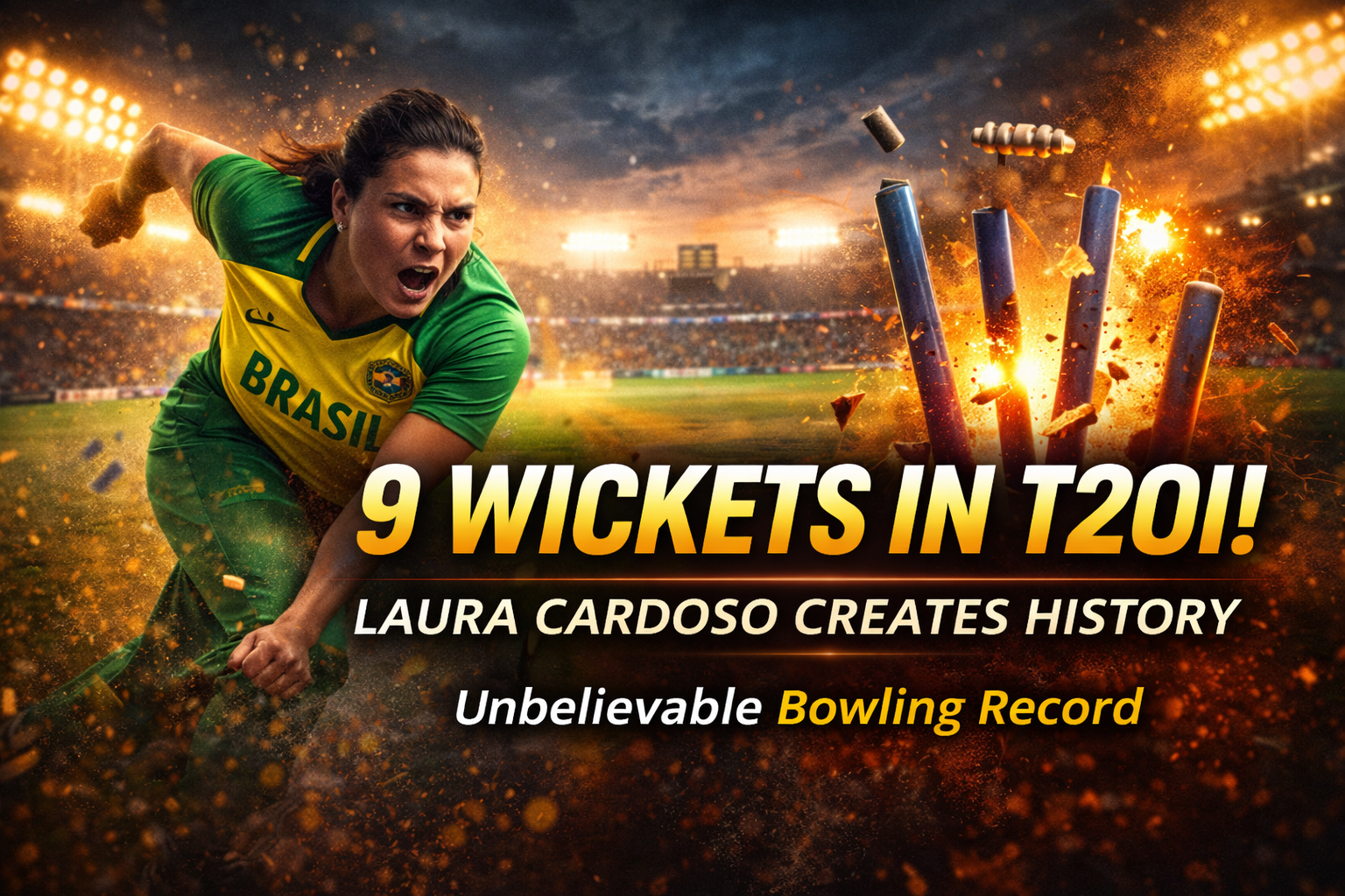 Brazilian cricketer Laura Cardoso bowling in action with shattered stumps and flying bails in a floodlit stadium, highlighting her 9-wicket T20I record.