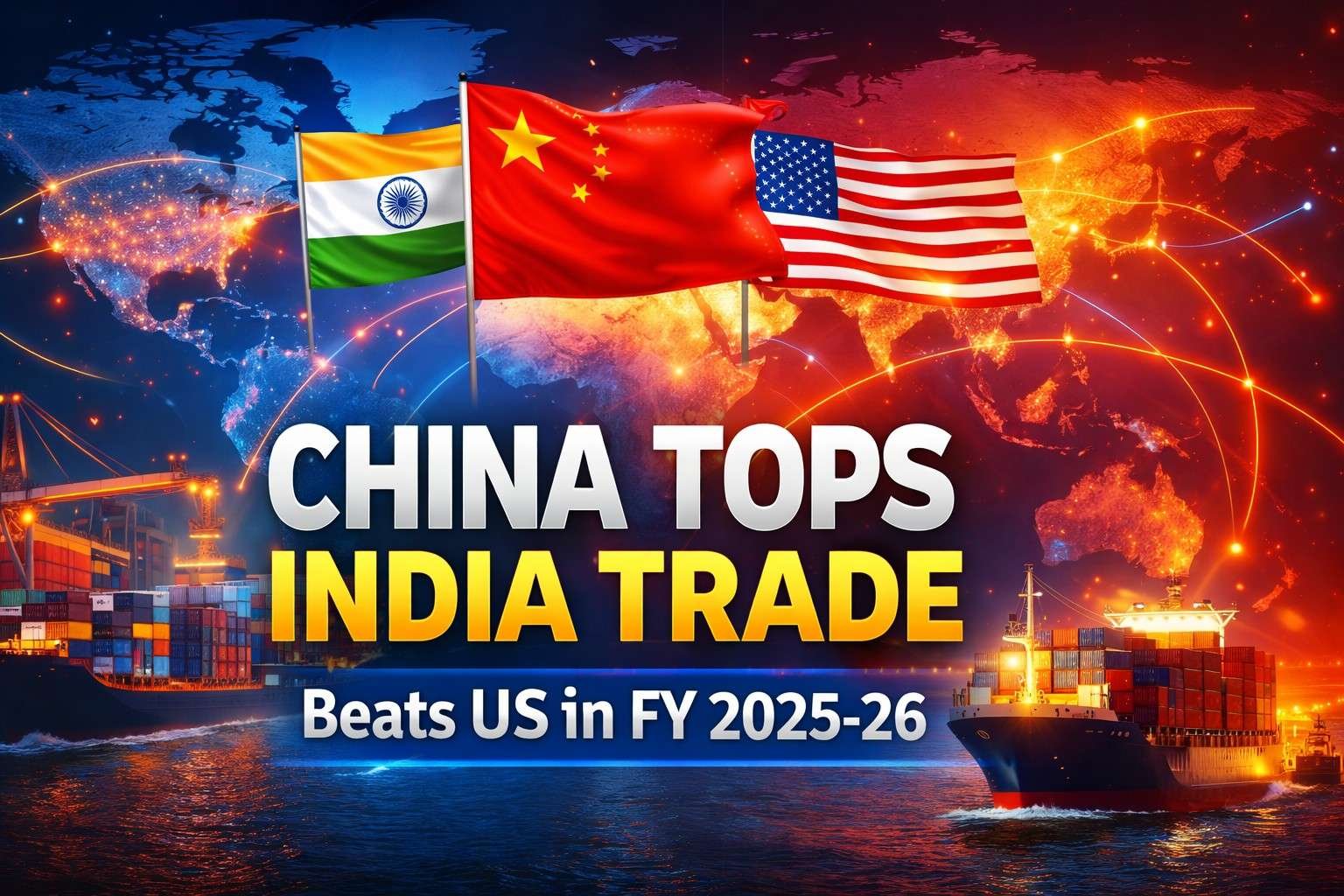 China surpasses United States as India’s largest trading partner in FY 2025-26 with flags and global trade routes background
