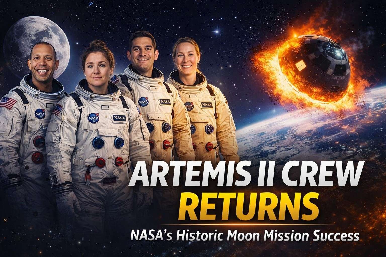 NASA Artemis II crew astronauts in spacesuits with Orion spacecraft re-entering Earth atmosphere, Moon and Earth visible in space background