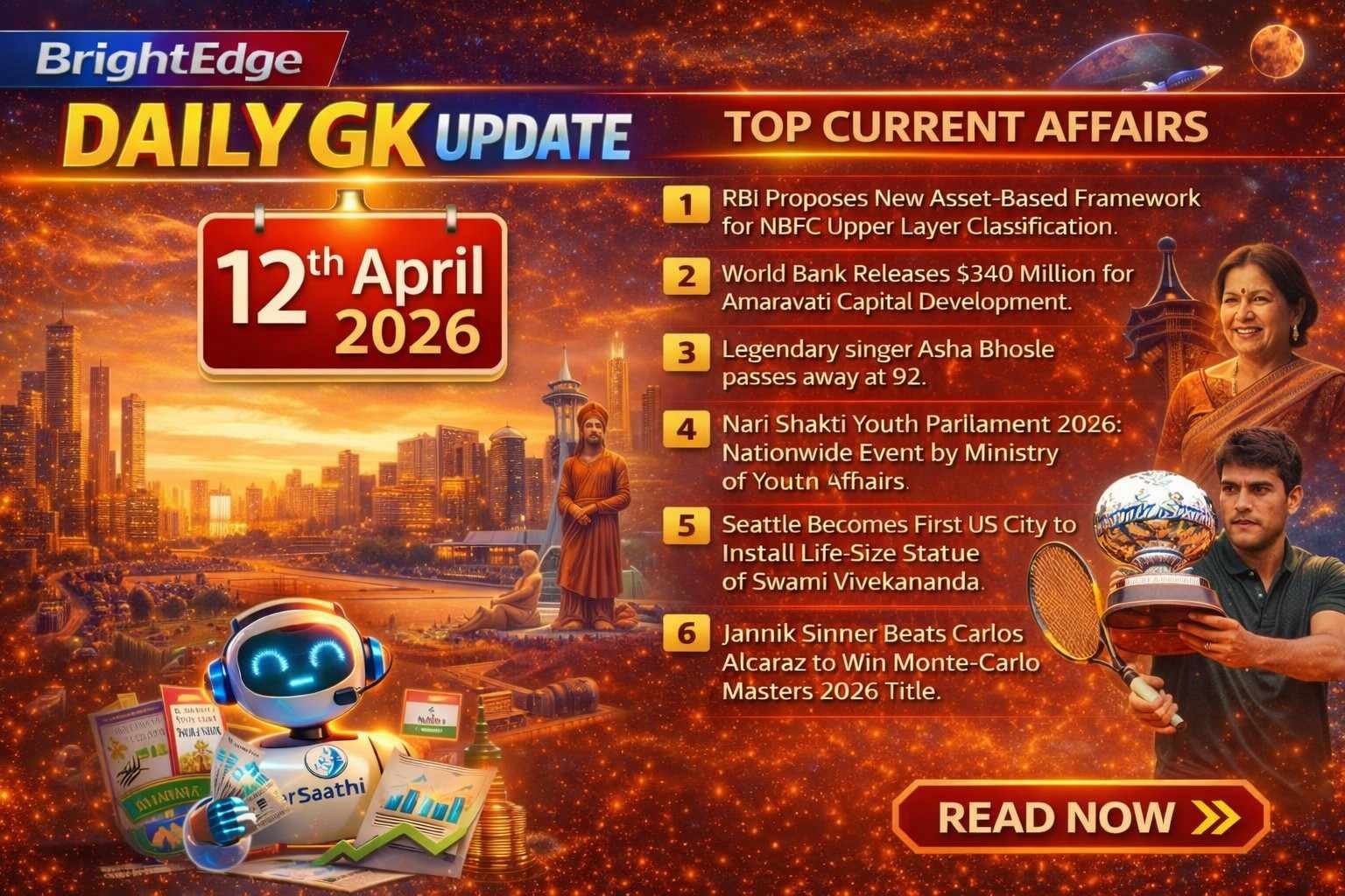 Daily GK Update 12 April 2026 thumbnail showing top current affairs including RBI NBFC framework, World Bank Amaravati funding, Asha Bhosle news, Vivekananda statue in Seattle, and Sinner’s Monte Carlo win