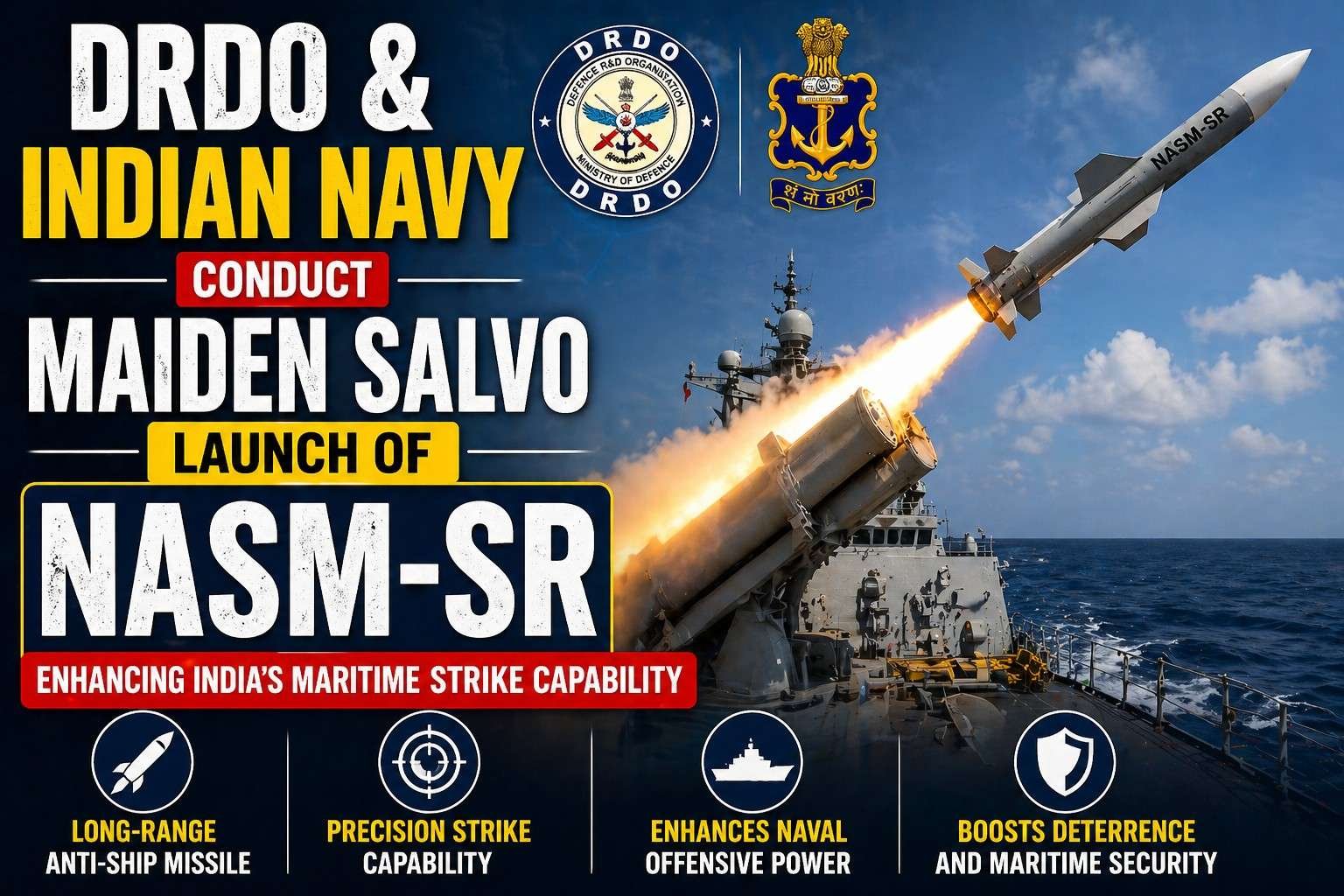 DRDO and Indian Navy conduct maiden salvo launch of NASM-SR anti-ship missile from naval platform at sea