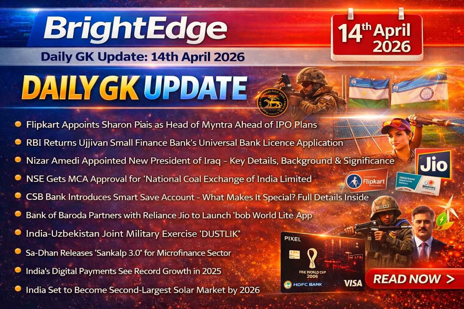 Daily GK Update 14th April 2026 BrightEdge current affairs including Nizar Amedi Iraq president, CSB Bank Smart Save Account and DUSTLIK exercise