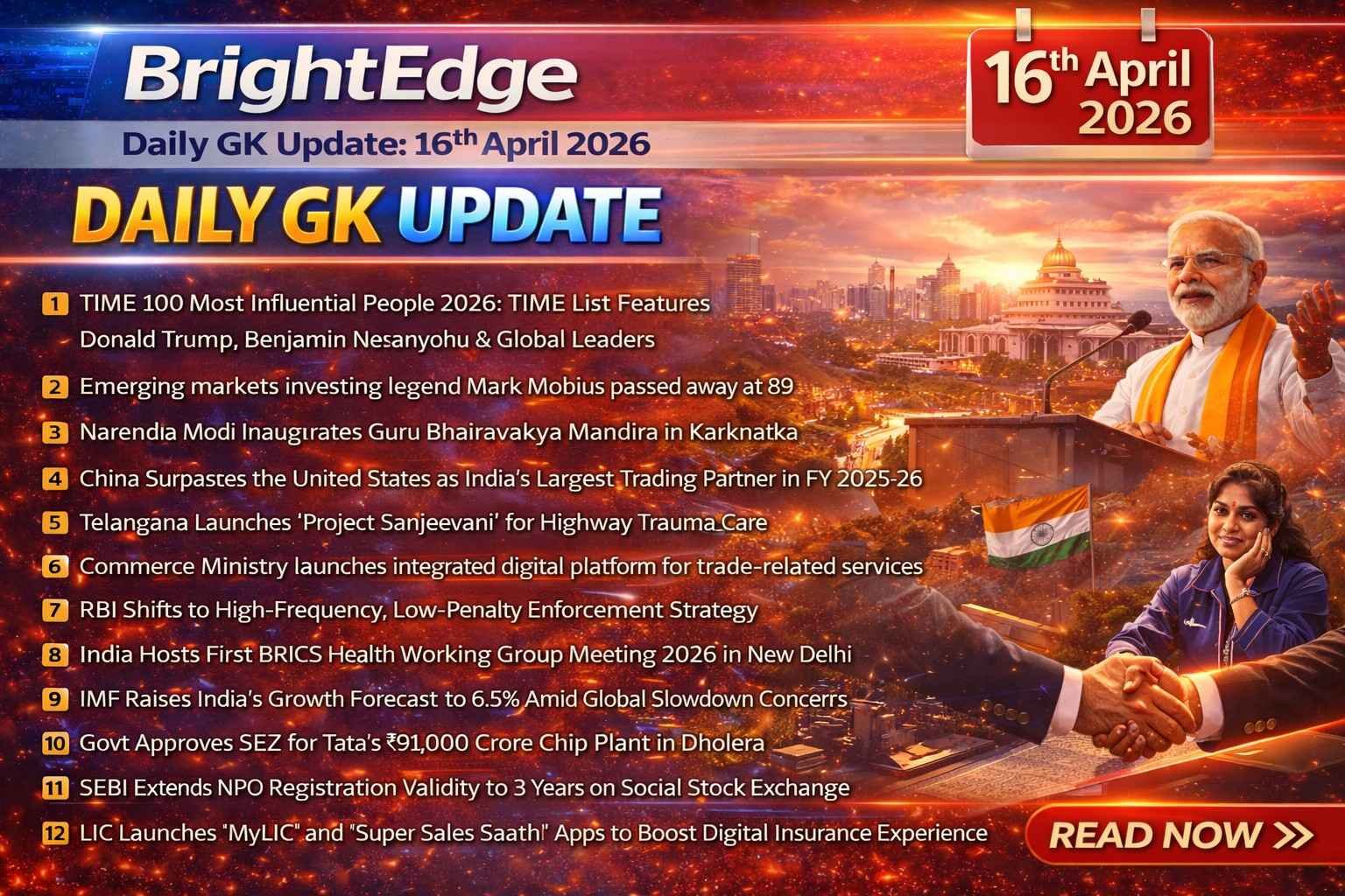 Daily GK Update 16th April 2026 thumbnail featuring key current affairs including TIME 100 list, Modi event, China India trade, and Vaishali chess win