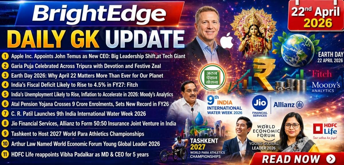 Daily GK Update 22 April 2026 thumbnail featuring multiple current affairs headlines including Apple CEO change, Earth Day, economic updates, and HDFC Life leadership news with vibrant news-style design.