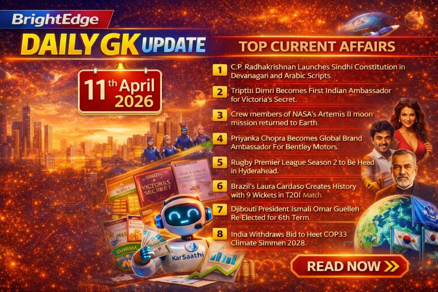 BrightEdge Daily GK Update thumbnail for 11 April 2026 showing top current affairs headlines including COP33 withdrawal, Djibouti election, NASA Artemis II return, and major global and Indian news highlights.