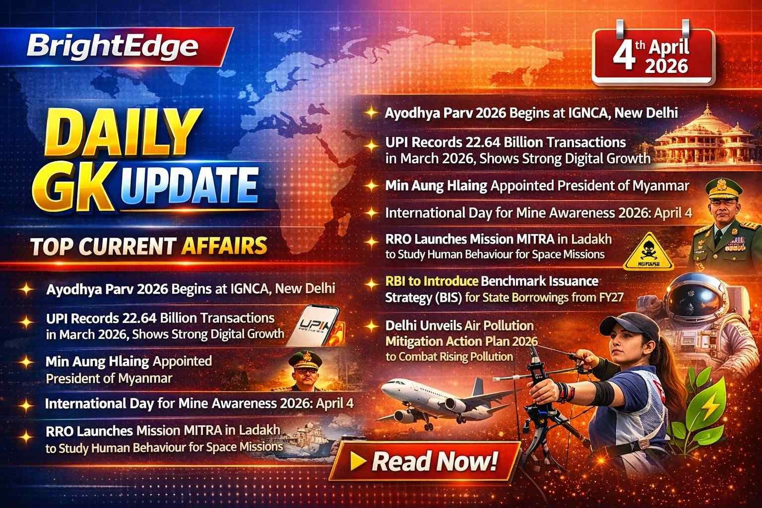 Daily GK Update 4th April 2026 thumbnail featuring headlines on UPI transactions growth, Myanmar leadership change, RBI policy, Ayodhya Parv, and Khelo India Tribal Games with vibrant news-style design.