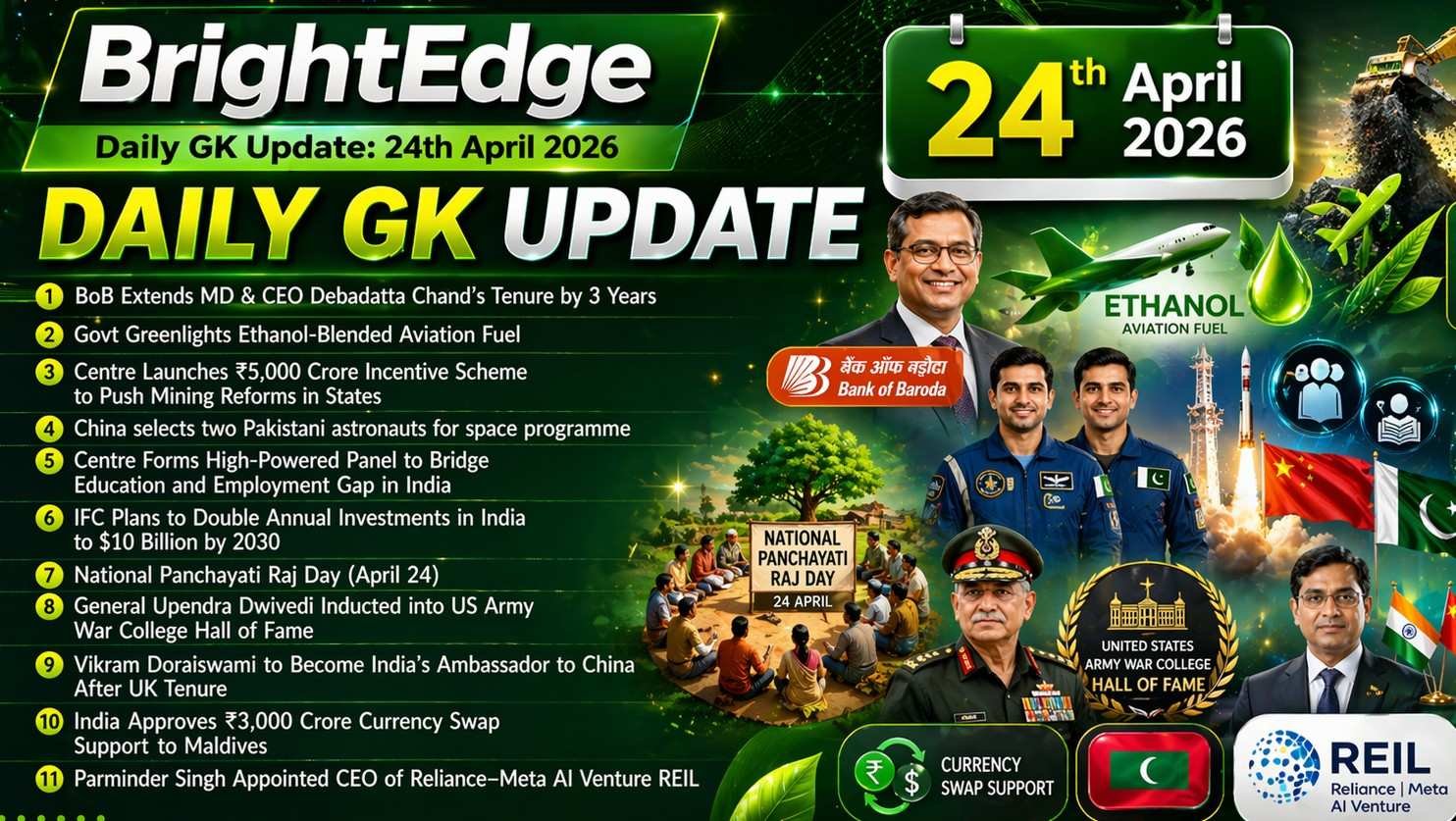 Daily GK Update 24 April 2026 thumbnail with green theme showing key current affairs including Bank of Baroda extension, ethanol fuel, mining reforms, and India global updates