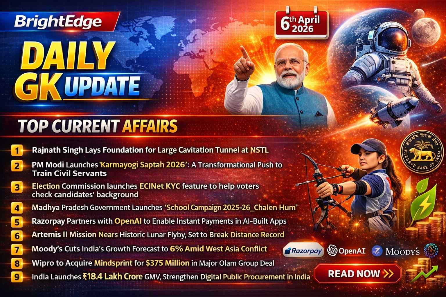 BrightEdge Daily GK Update banner for 6th April 2026 featuring PM Narendra Modi, an astronaut symbolizing Artemis II mission, and a female archer, alongside key current affairs headlines including defense, governance, economy, and technology updates.