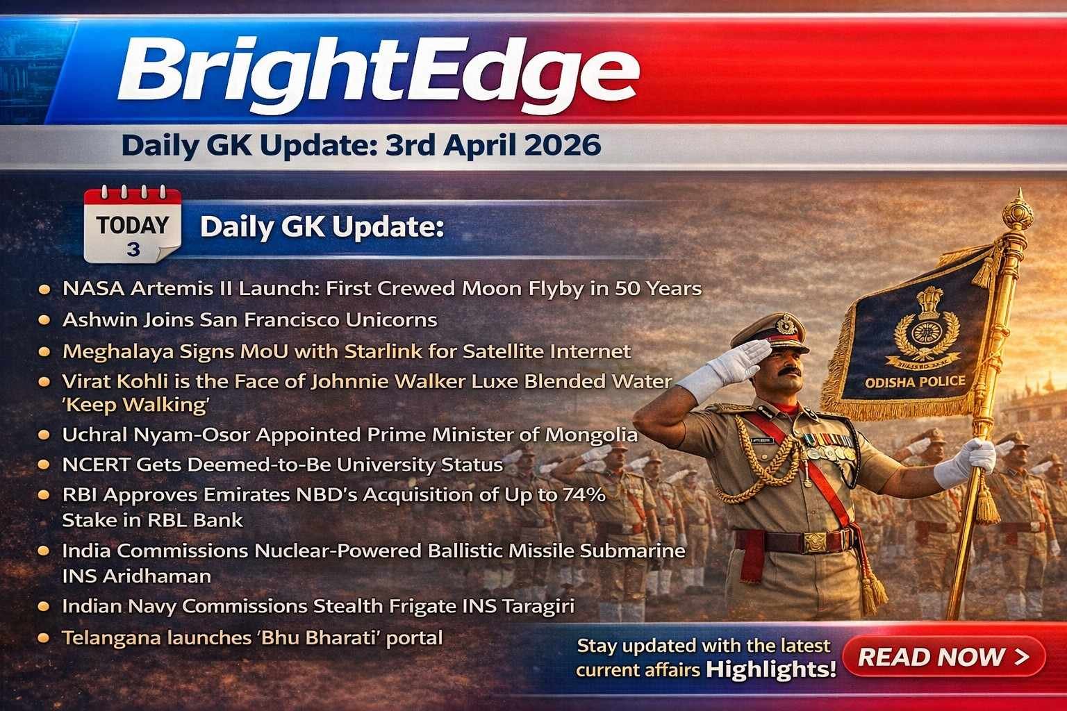 Daily GK Update 3rd April 2026 infographic featuring current affairs including NASA Artemis II, Ashwin MLC, Starlink Meghalaya, NCERT status and more