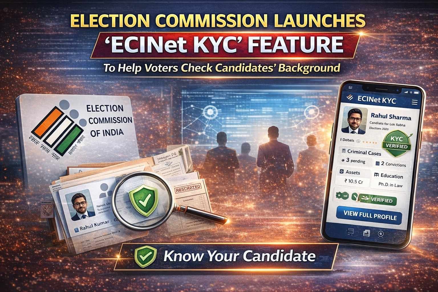 Election Commission launches ECINet KYC feature showing candidate background verification on mobile with criminal records, assets, and education details