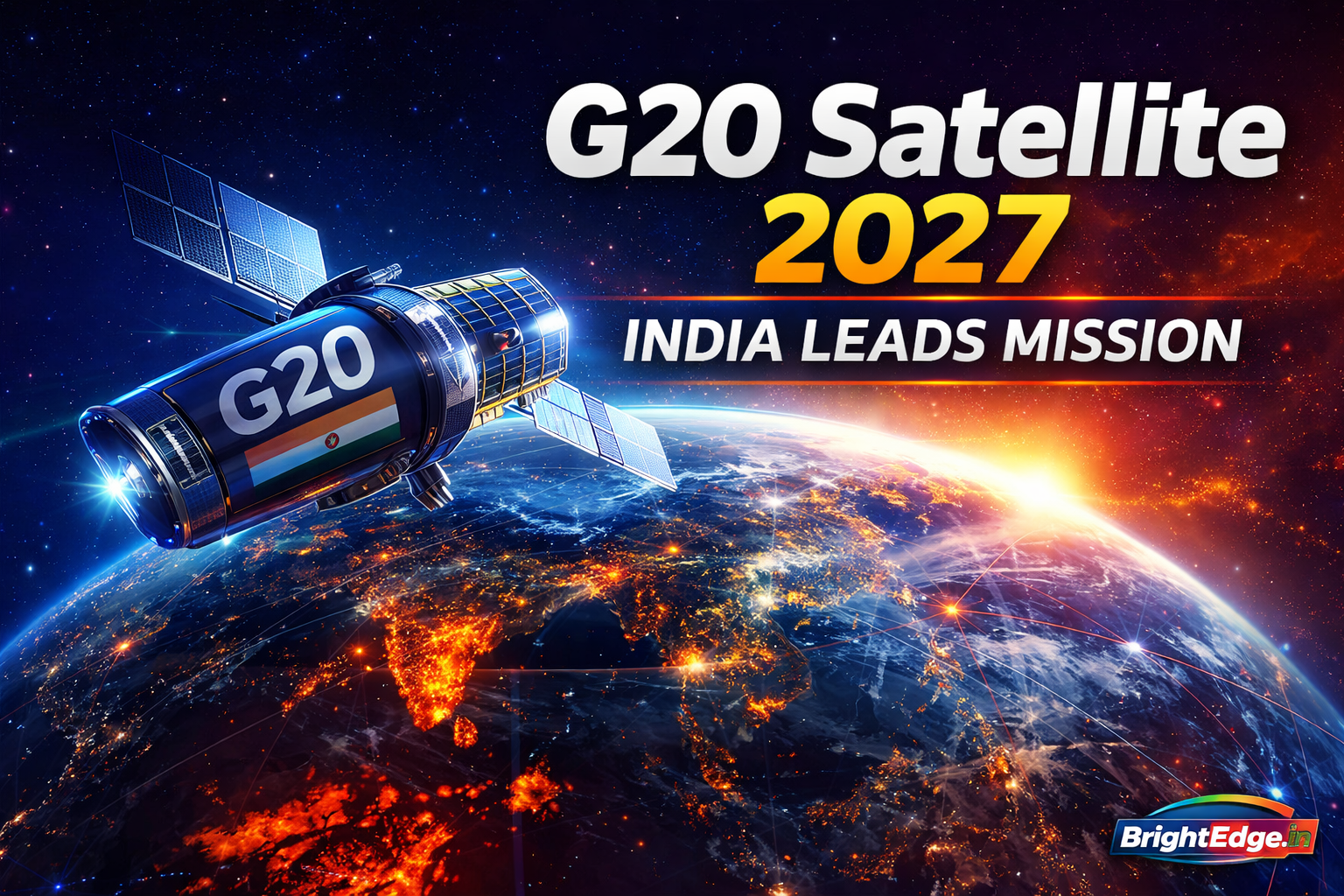 Futuristic thumbnail showing a G20-branded satellite orbiting Earth with glowing climate heatmaps, digital connection lines, and bold text “G20 Satellite 2027