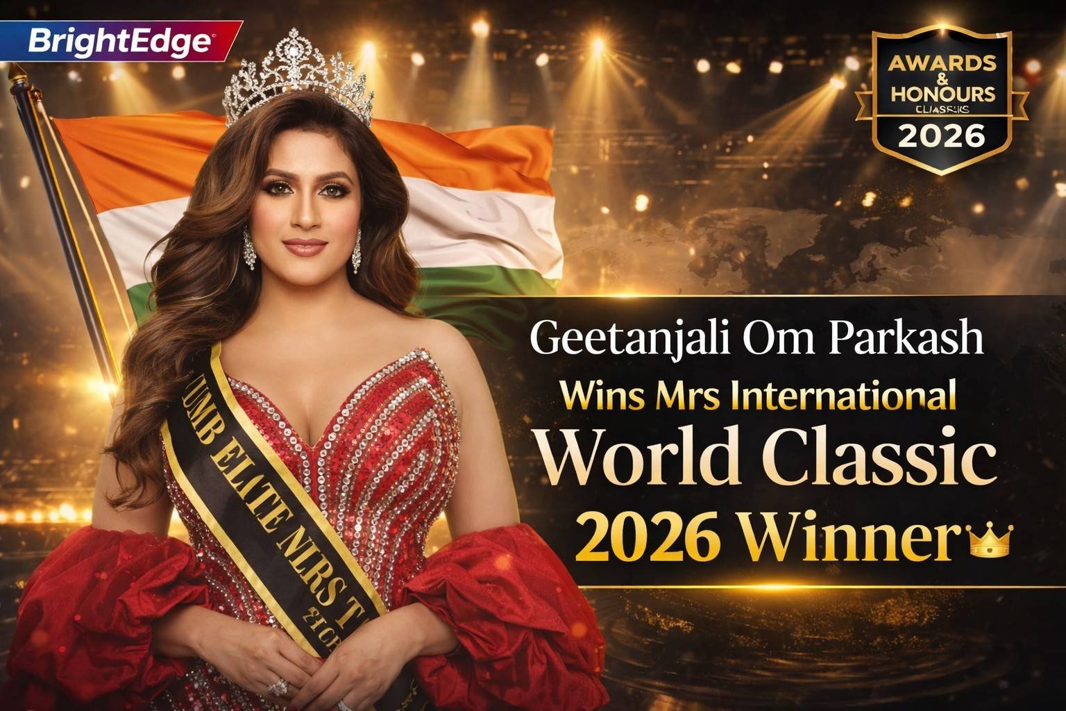 Geetanjali Om Parkash wearing crown and sash, featured in a gold-themed banner celebrating her win as Mrs International World Classic 2026.