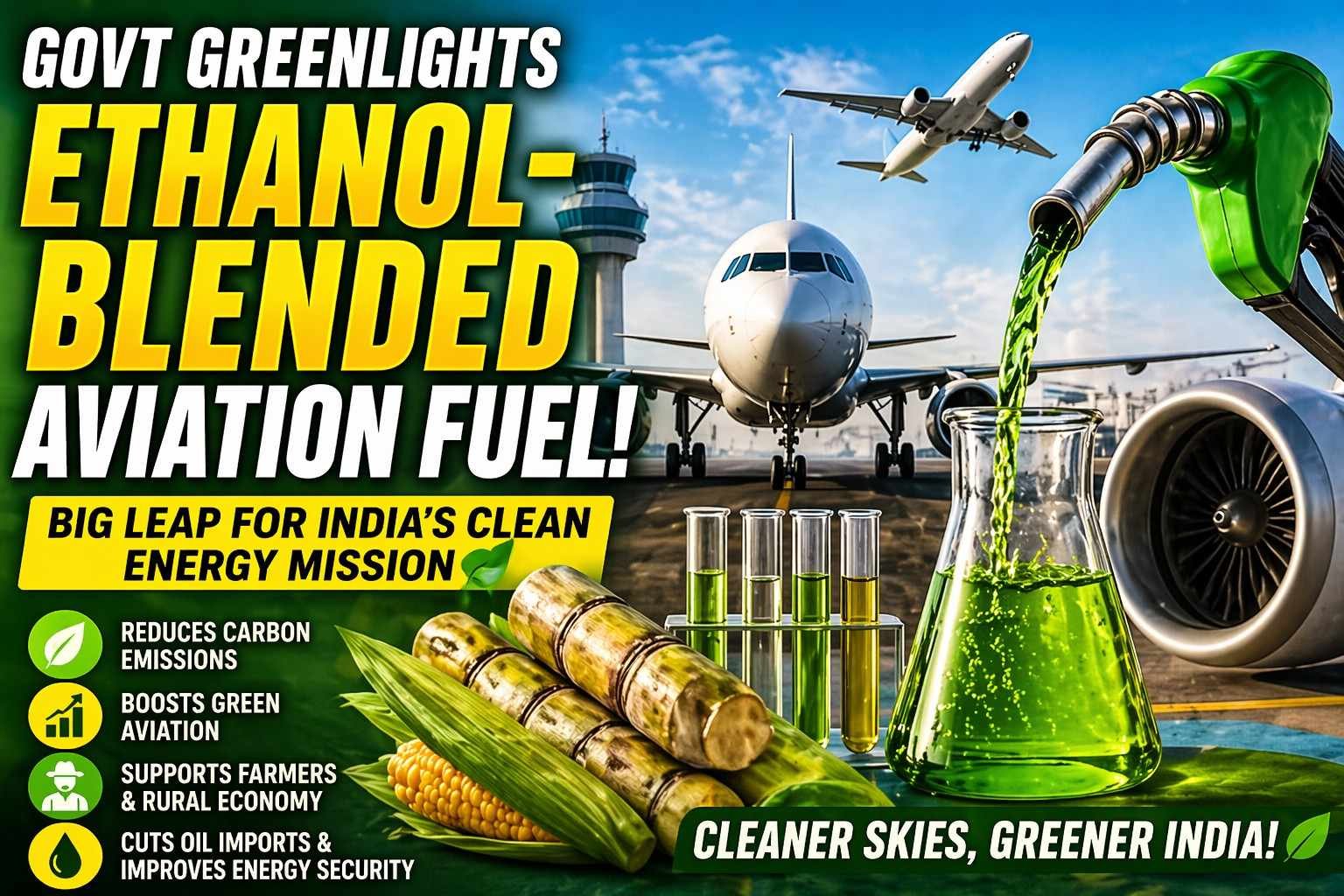 Airplane at airport with green ethanol fuel being poured from nozzle, representing India’s approval of ethanol-blended aviation fuel for sustainable energy.