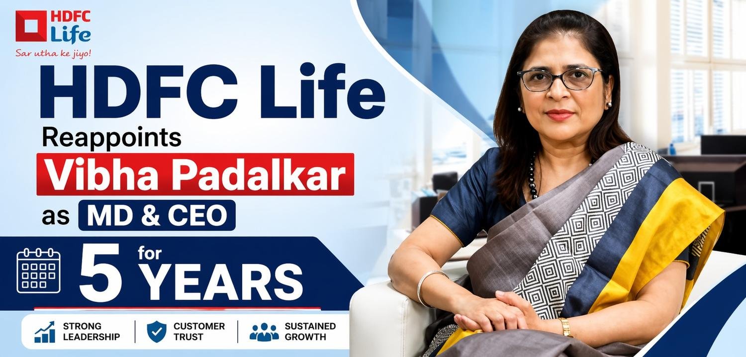 Vibha Padalkar, MD & CEO of HDFC Life, in a corporate office setting with headline about her 5-year reappointment.